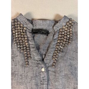 Ellus Originals Womens Blue Floral Beaded Split Neck Button Up Blouse Size S